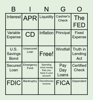 W!SE Financial Literacy Bingo Card