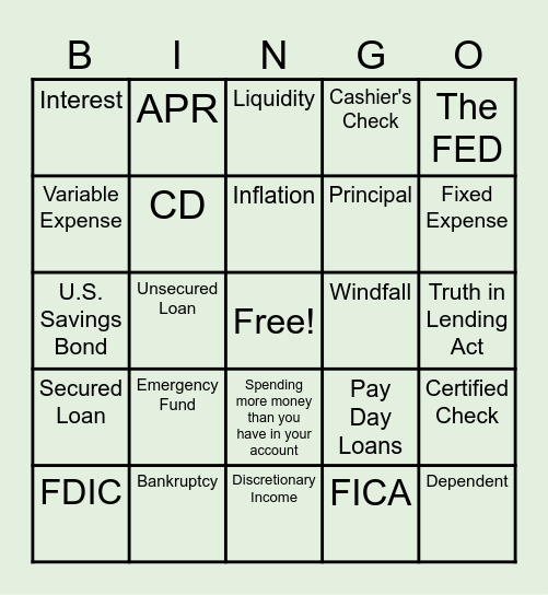 W!SE Financial Literacy Bingo Card