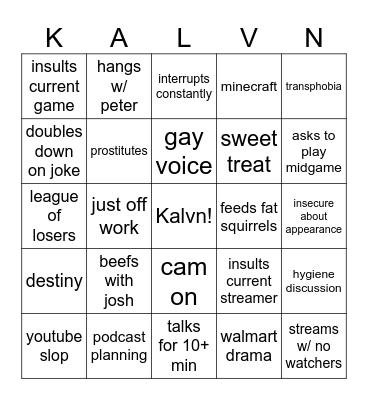 Kalvn777 Bingo Card