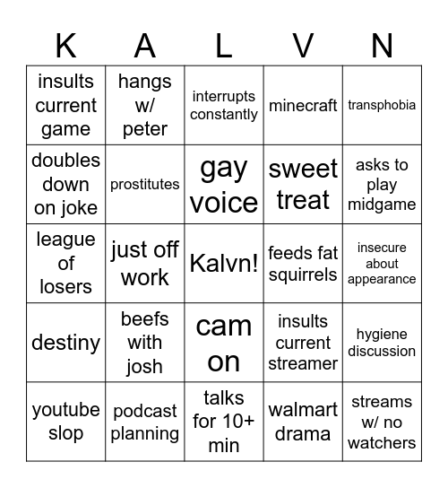 Kalvn777 Bingo Card