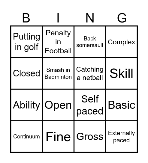 Skill classification BINGO Card