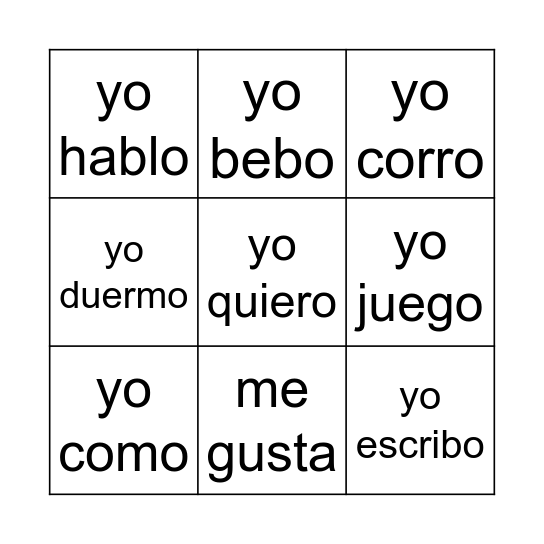 Yo Verbs Bingo Card