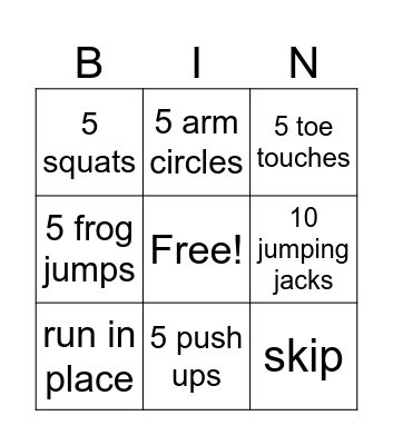 Exercise Bingo Card