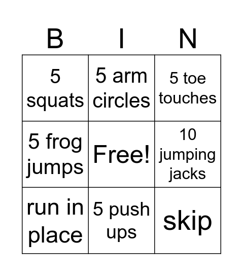 Exercise Bingo Card