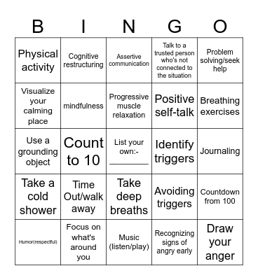 Anger Management  Bingo Card