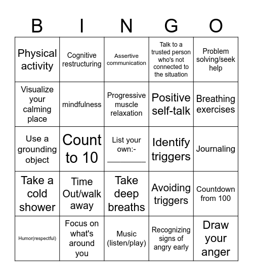 Anger Management  Bingo Card