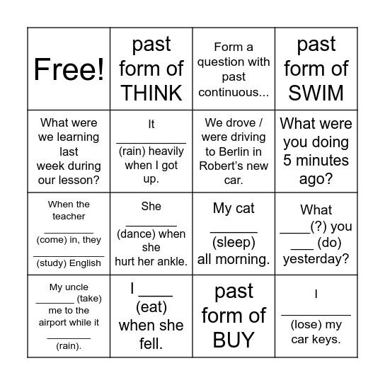 Past Continuous Bingo Card