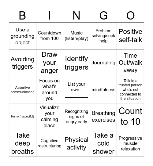 Anger Management  Bingo Card