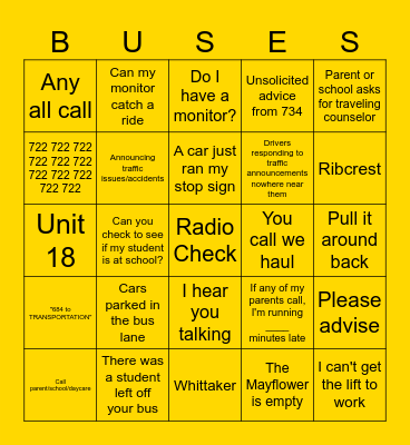 Transportation Bingo Card