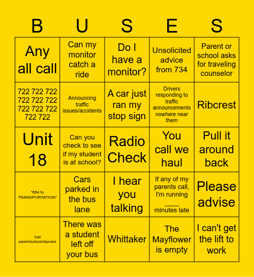 Transportation Bingo Card