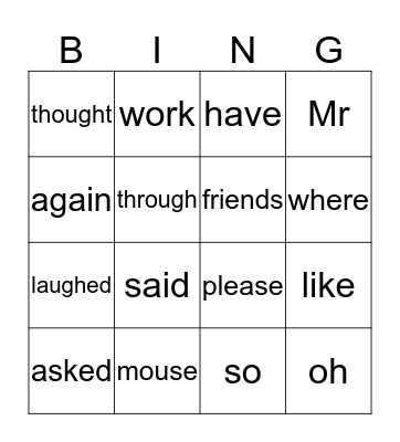 Tricky Word Bingo Card