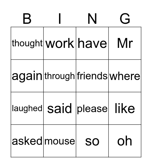 Tricky Word Bingo Card