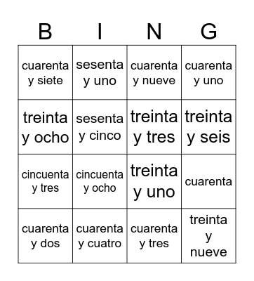 31-70 bingo Card