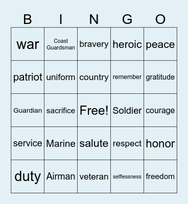 Honoring Veterans Bingo Card