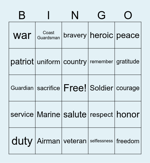 Honoring Veterans Bingo Card