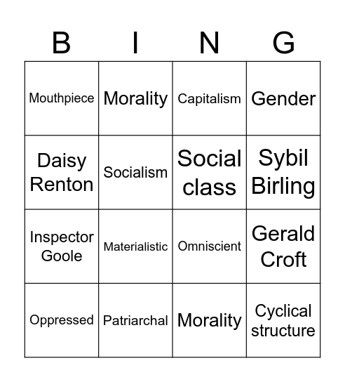 An Inspector Calls Bingo Card