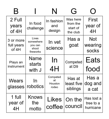 4H Ice Breaker Bingo Card