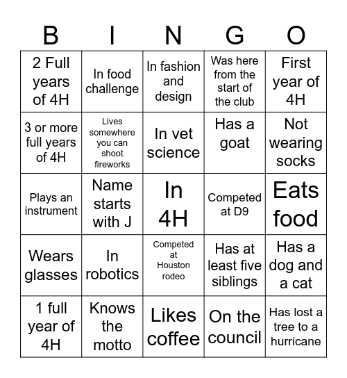 4H Ice Breaker Bingo Card