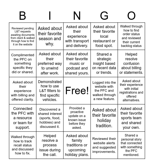 Quality Touch Calls Bingo Card