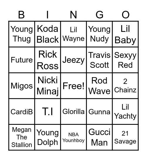 Trap Music Bingo Card