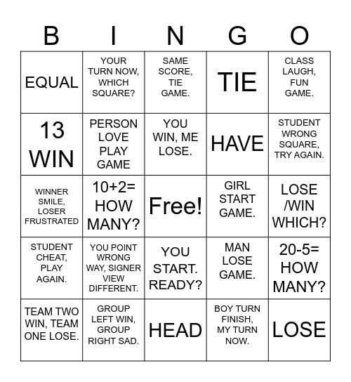 Tic-Tac-Toe ASL Sentences. Bingo Card