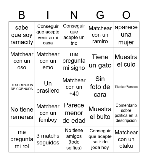 Tinder Bingo Card