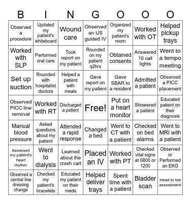Nursing Student Bingo Card