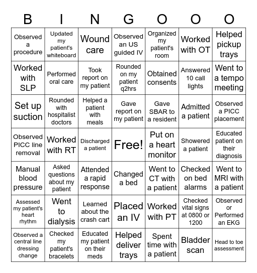 Nursing Student Bingo Card