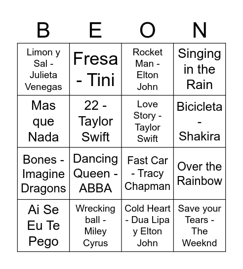 BEON Musical Bingo Card
