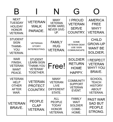 ASL Veterans Day Bingo Card