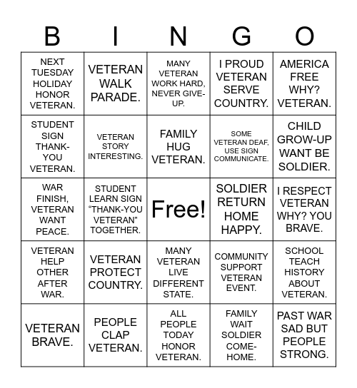 ASL Veterans Day Bingo Card