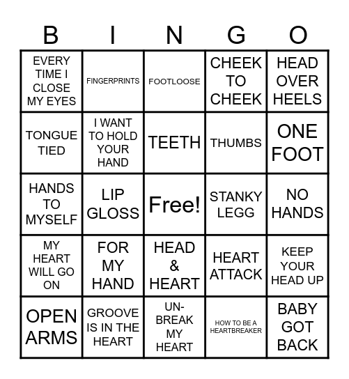 SUMMIT EVENTS BINGO - SONGS WITH BODY PARTS IN THE TITLE Bingo Card