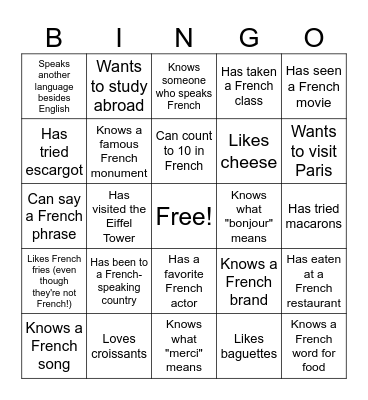 French Club Bingo Card
