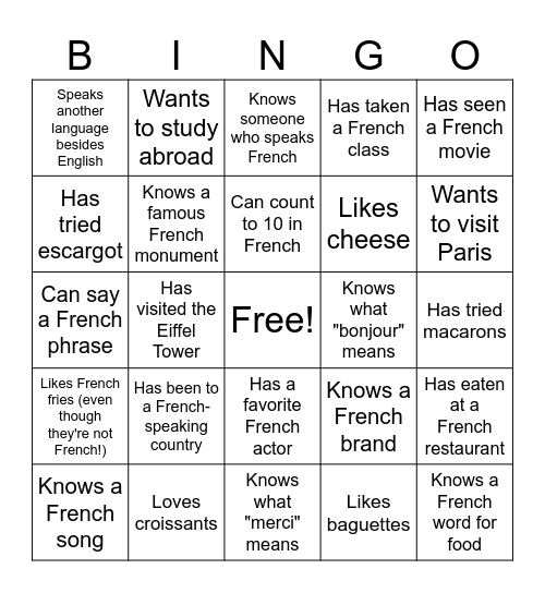 French Club Bingo Card