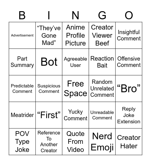 YouTube Comment Section Bingo Card