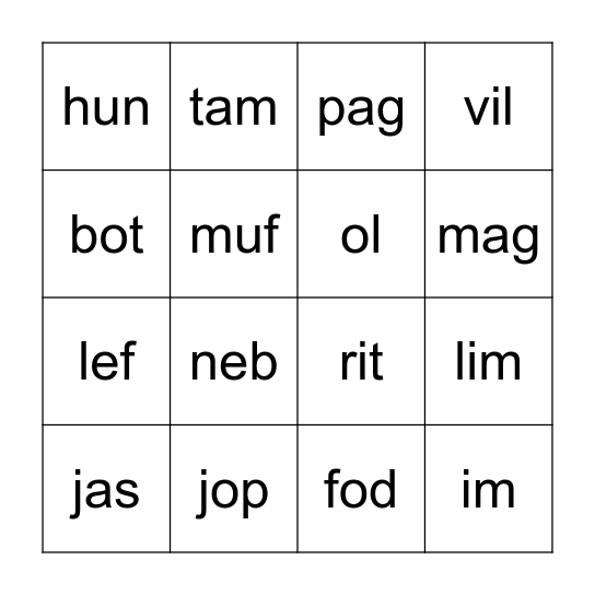Sk 2: VC/CVC Pseudowords Bingo Card