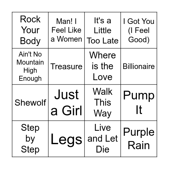 Super Bowl Halftime Shows Bingo Card