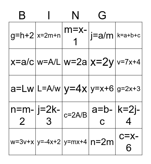 Solving Literal Equations Bingo Card