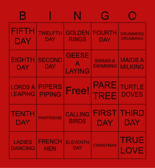 12 DAYS OF CHRISTMAS BINGO Card
