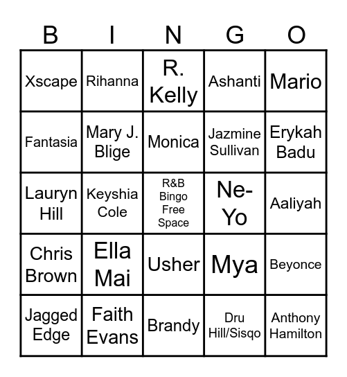 R&B Music Bingo Card