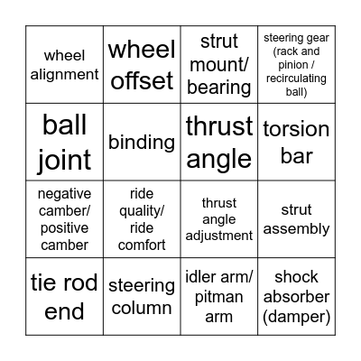 CATS ASE Steering & Suspension Vocab Bingo Card