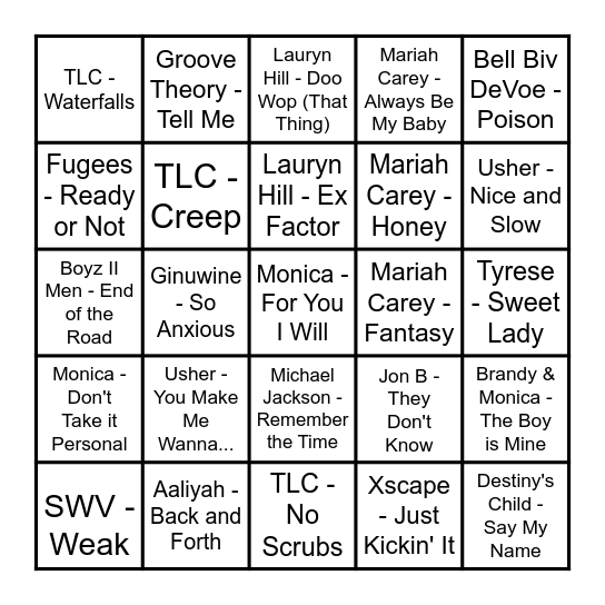 90s R&B Bingo Card