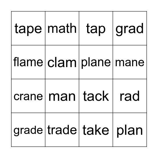 short a & a-e Bingo Card