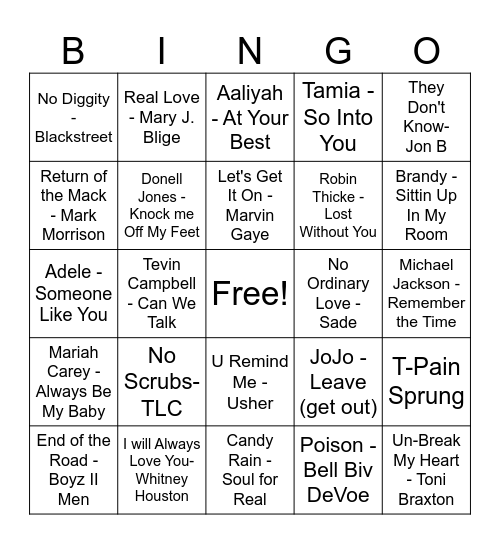 R&B Singo Bingo Card