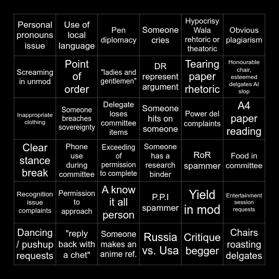 MUN Bingo Card