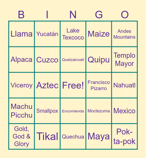 Spanish exploration and civilizations in the Americas Bingo Card