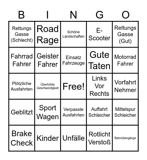 Dashcam Chaos Bingo Card