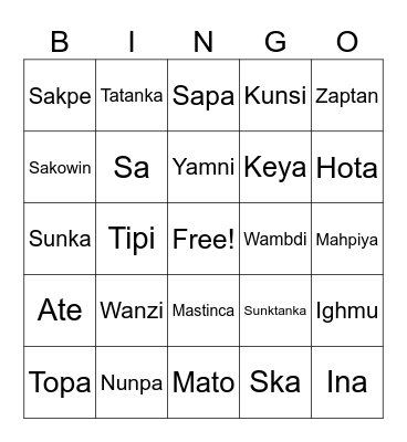 Dakota Language Bingo Card