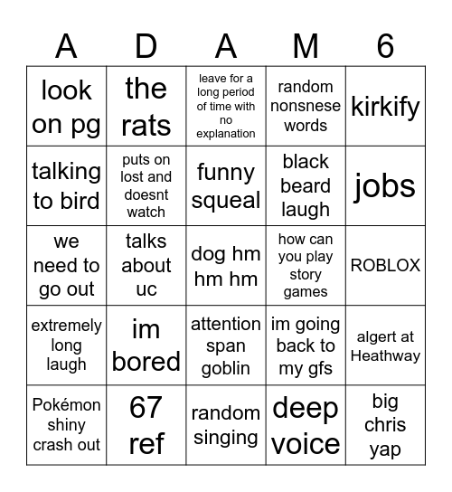 adam bingo Card