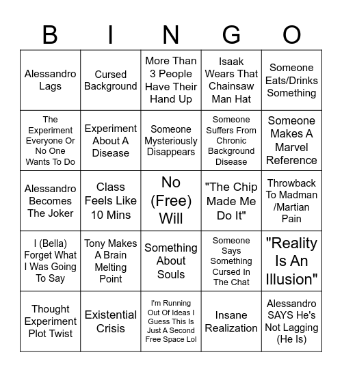 PARADOXES CLASS BINGO!! Bingo Card